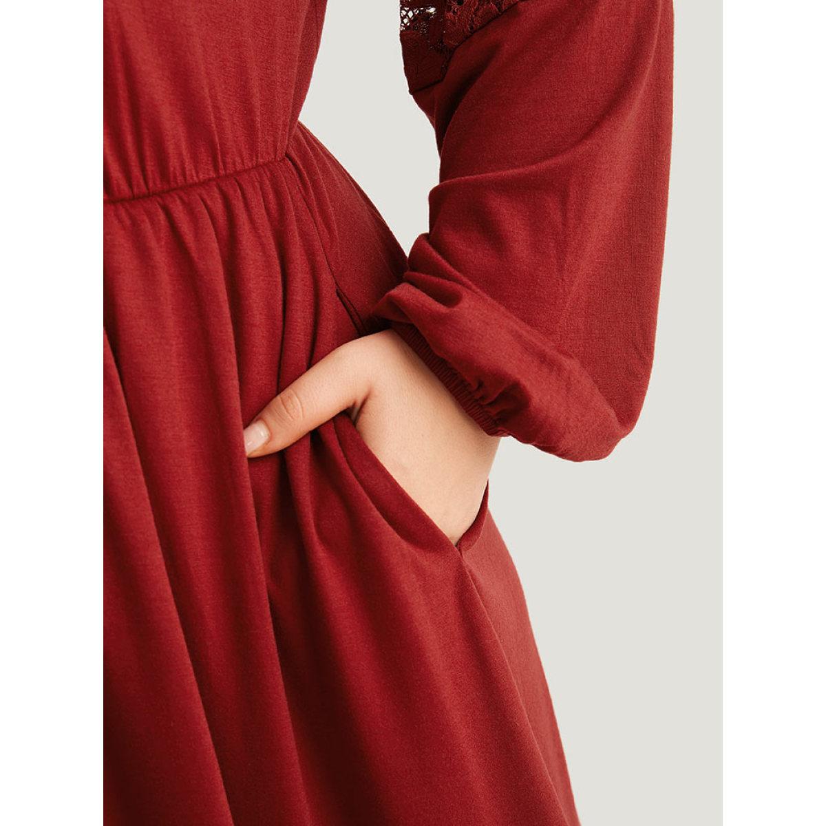 Plus Size Plain Pocket Lace Panel Lantern Sleeve Dress Scarlet Women Casual Elastic cuffs Round Neck Long Sleeve Curvy Midi Dress BloomChic 18-20/2X Product Image