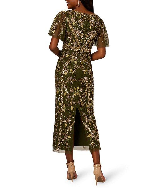 Adrianna Papell Flutter Sleeve Beaded Mesh Ankle Column Dress Product Image