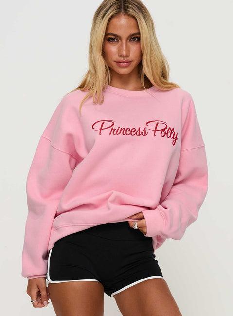 Princess Polly Classic Crew Neck Sweatshirt Bubble Text Pink Product Image