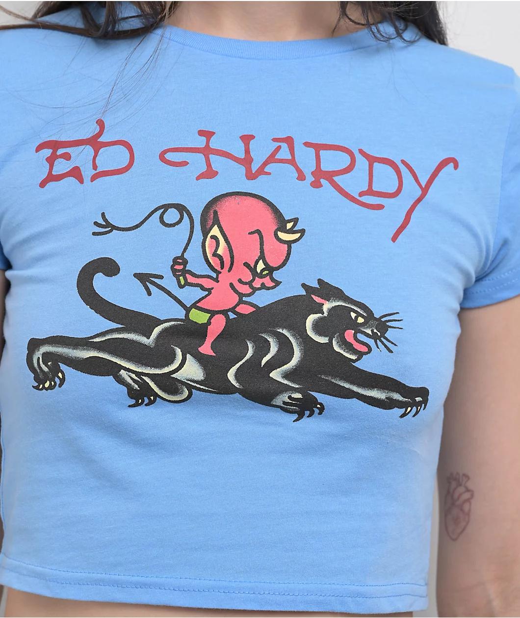 Ed Hardy Devil Panther Powder Blue Crop T-Shirt Product Image