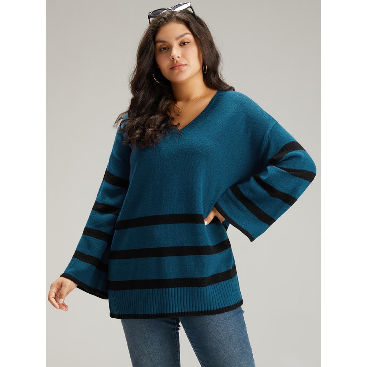 Plus Size Striped Bell Sleeve Moderately Stretchy Pullover Cerulean Women Casual Loose Long Sleeve V-neck Dailywear Pullovers BloomChic 18-20/2X Product Image