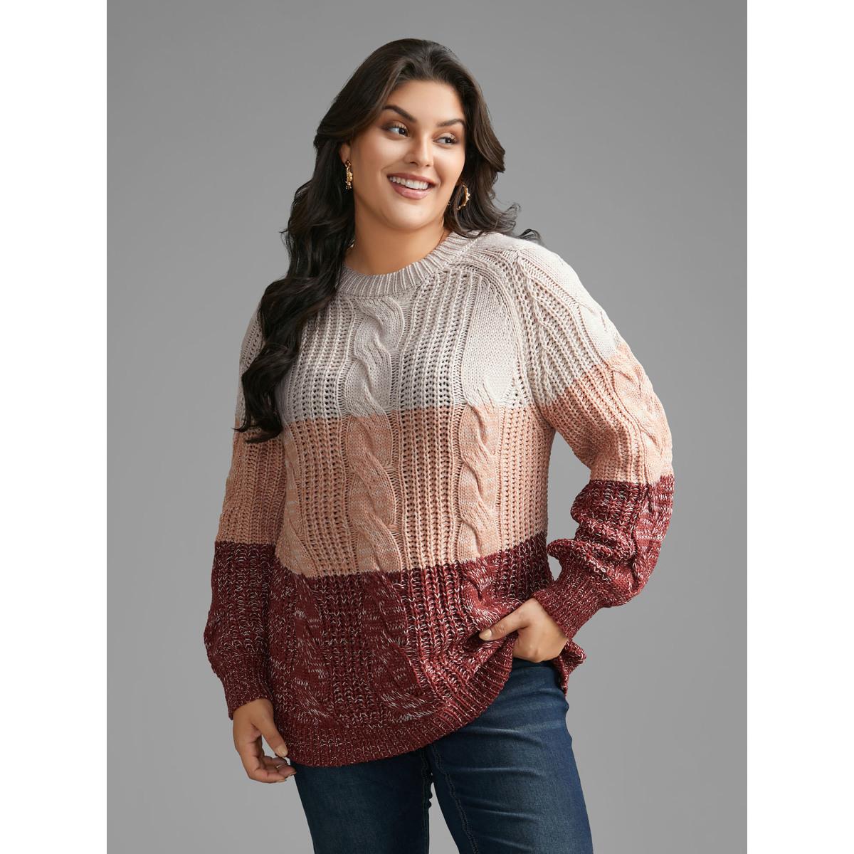 Plus Size Contrast Textured Cable Knit Pullover Rust Women Casual Loose Long Sleeve Round Neck Everyday Pullovers BloomChic 28/5X Product Image