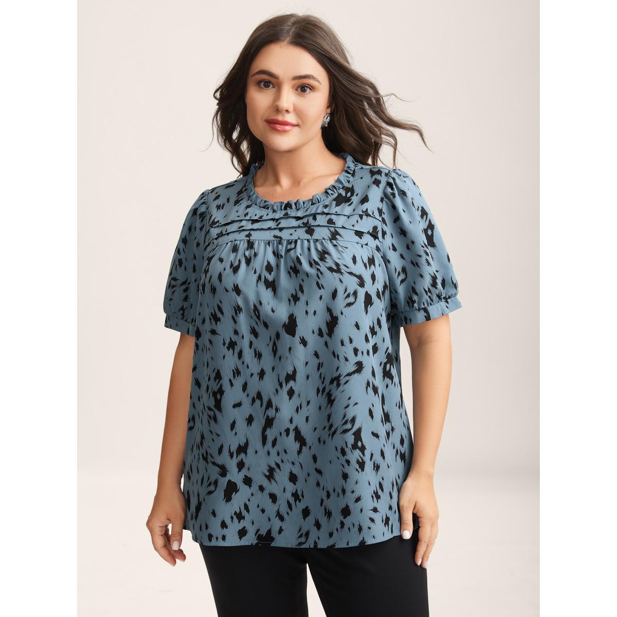 Plus Size Stone Leopard Print Toothpick Pleat Blouse Women Office Short sleeve Round Neck Office Blouses BloomChic 12/L Product Image