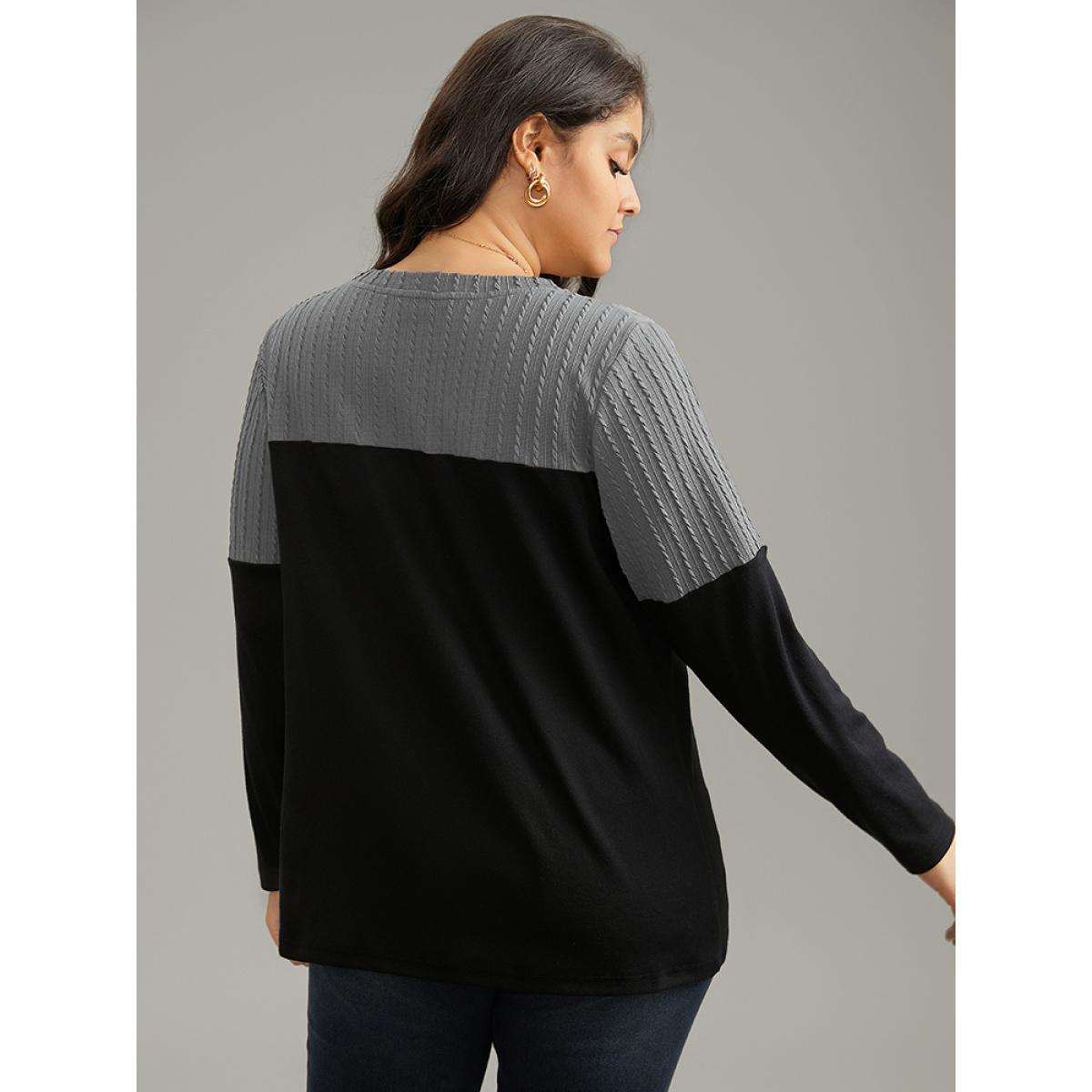 Plus Size Textured Patchwork Contrast Crew Neck Knit T-shirt DarkGray Women Casual Texture Plain Round Neck Dailywear T-shirts BloomChic 10/M Product Image