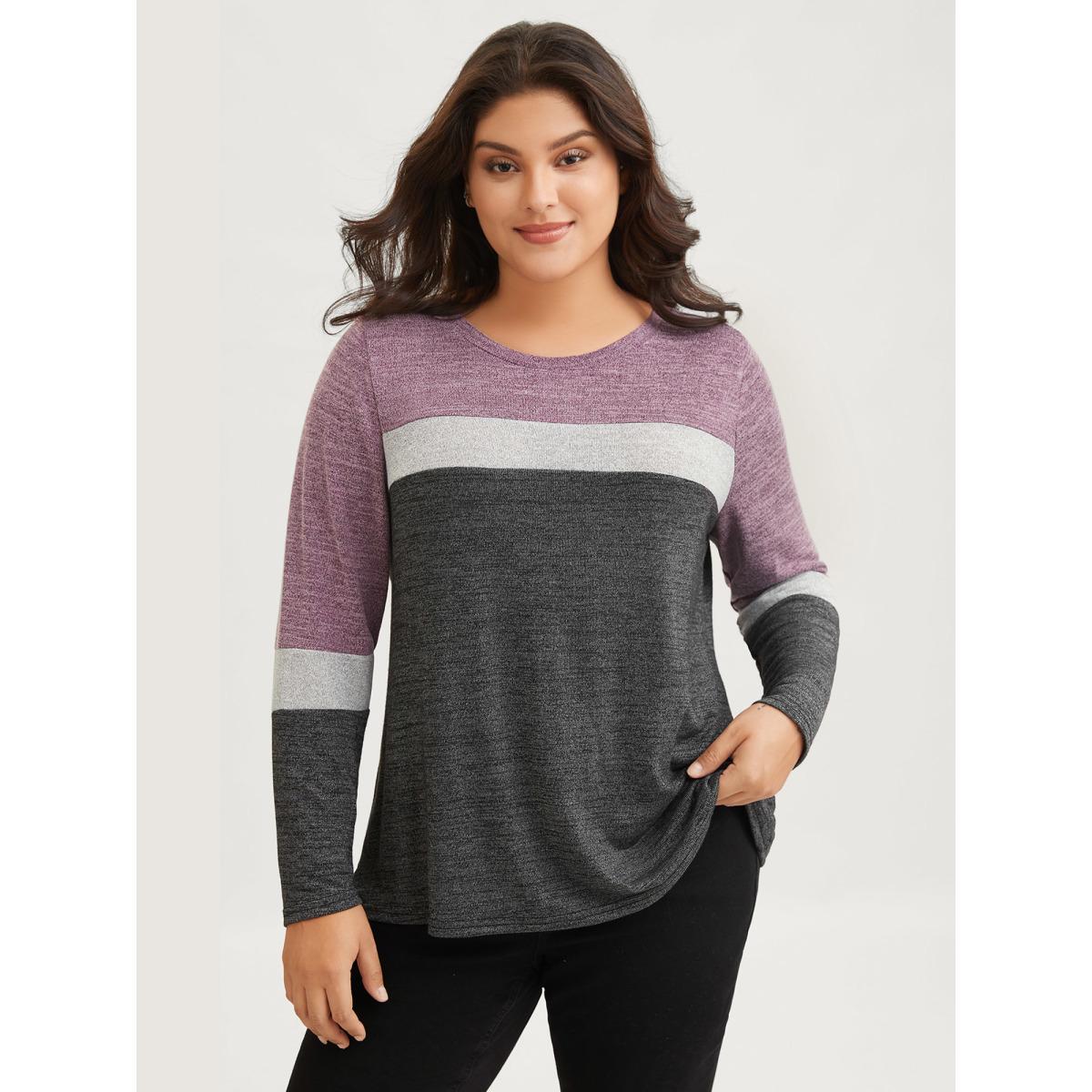 Plus Size Heather Colorblock Contrast Crew Neck T-shirt Black Women Leisure Texture Plain Round Neck Casual T-shirts BloomChic 12/L Product Image