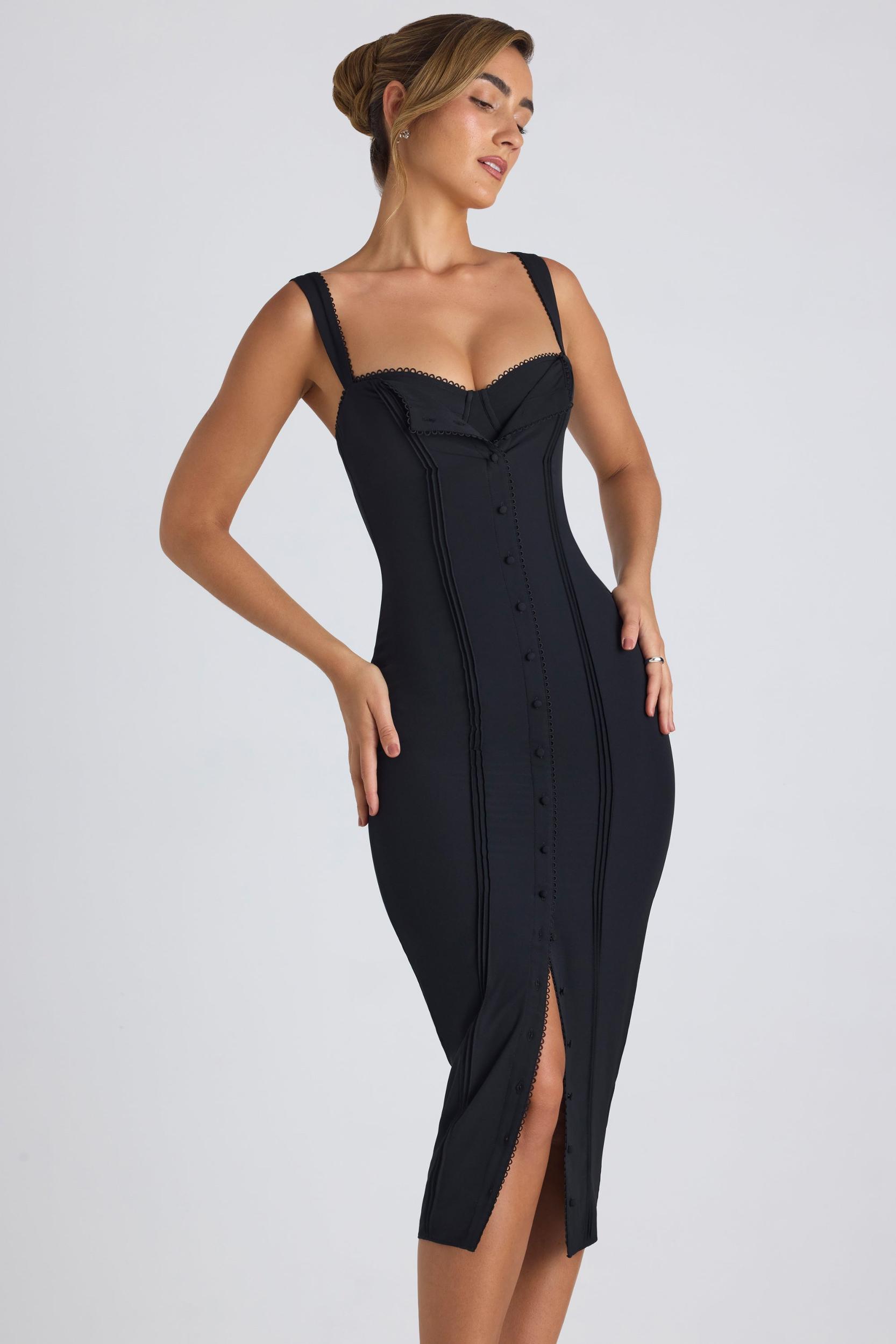 Button-Detail Midaxi Dress in Black Product Image