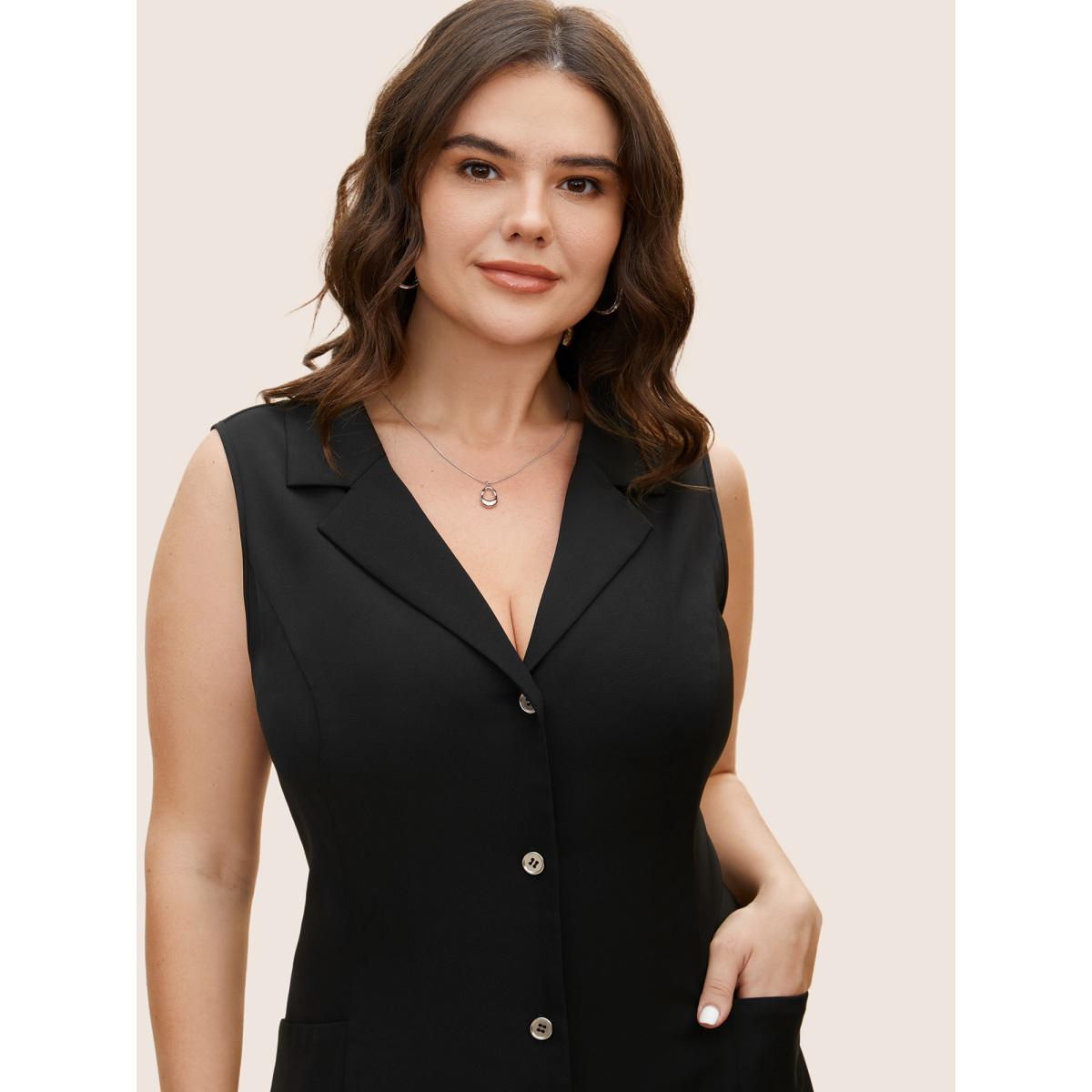 Plus Size Suit Collar Button Through Sleeveless Midi Dress Black Women Workwear Essentials Button Suit Collar Sleeveless Curvy BloomChic 28/5X Product Image