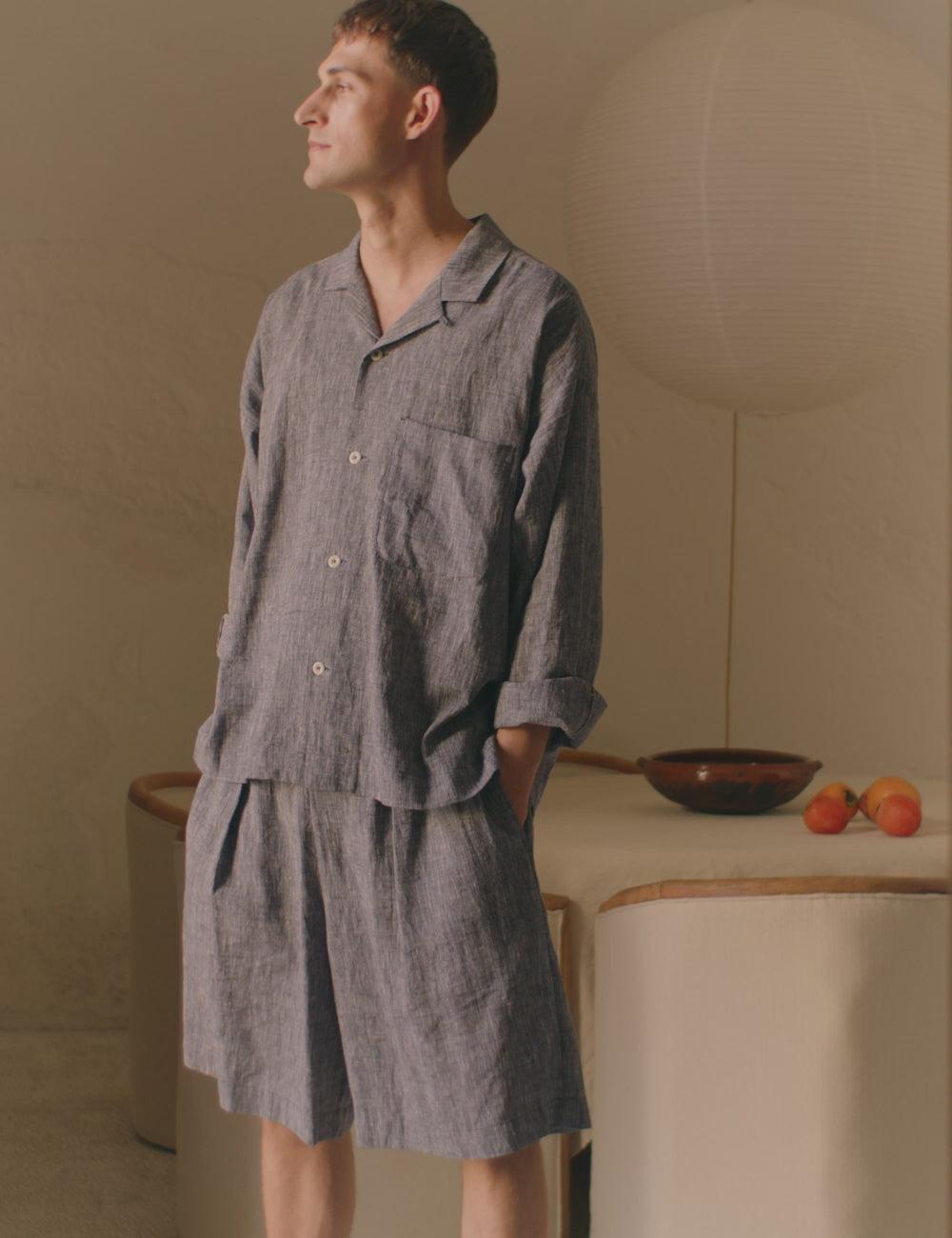 Etched Linen Cotton Drawstring Shorts | Blue Melange Product Image