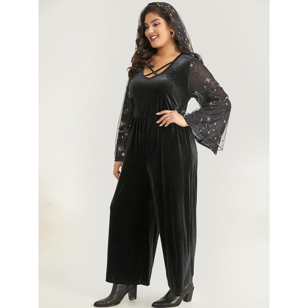 Plus Size Black Halloween Moon & Star Glitter Mesh Crisscross Neck Jumpsuit Women Elegant Long Sleeve Square Neck Festival-Halloween Loose Jumpsuits BloomChic 14-16/1X Product Image