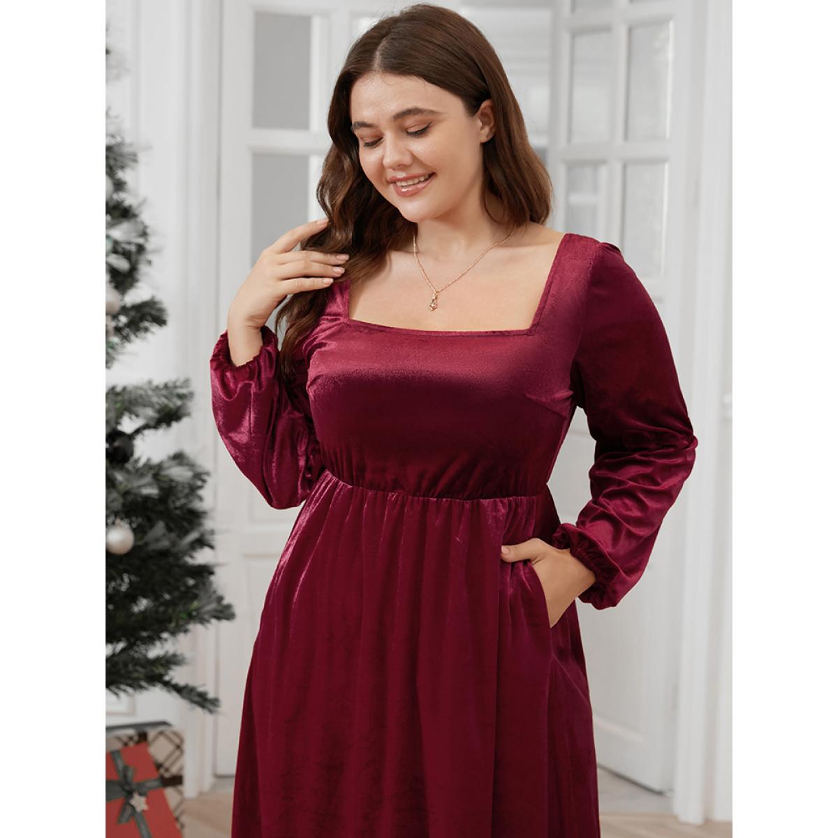 Plus Size Solid Square Neck Pocket Lantern Sleeve Velvet Dress Without Belt Scarlet Women Glamour Elastic Waist Square Neck Long Sleeve Curvy Midi Dress BloomChic 22-24/3X Product Image