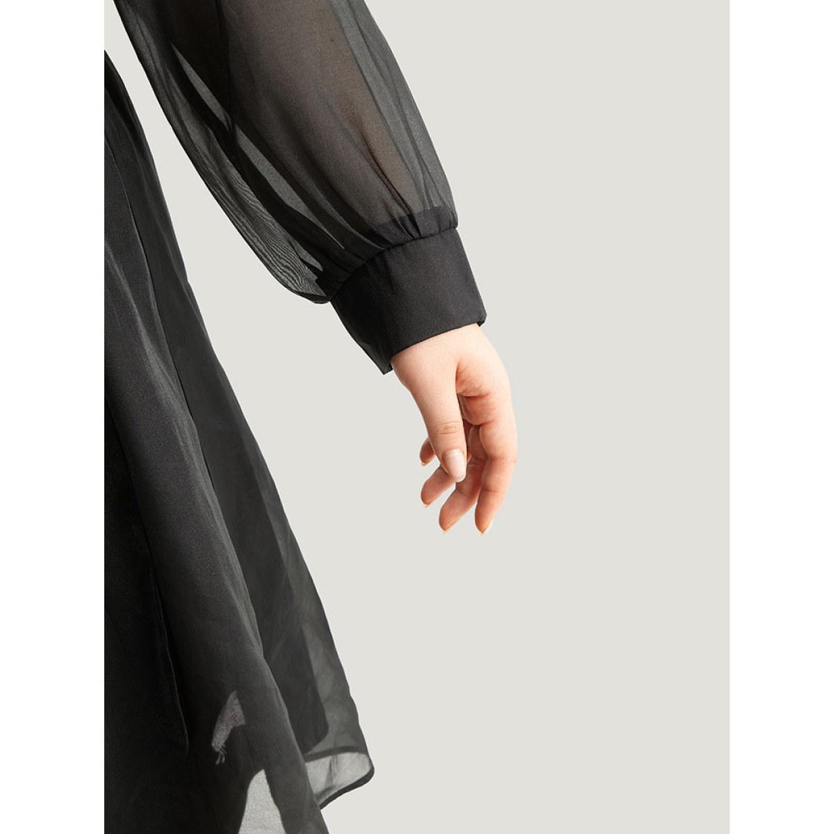 Plus Size Shirt Collar Button Up Belted Mesh Dress Black Women Elegant Lined Shirt collar Long Sleeve Curvy Midi Dress BloomChic 30/6X Product Image