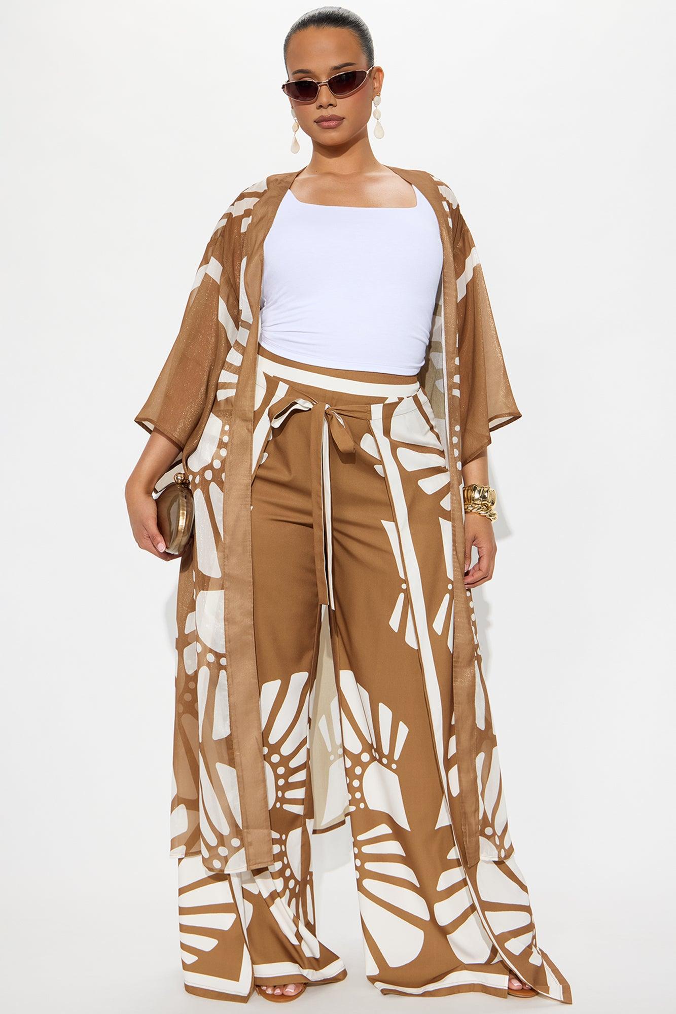Secret Solace Kimono Pant Set - Brown/combo Product Image
