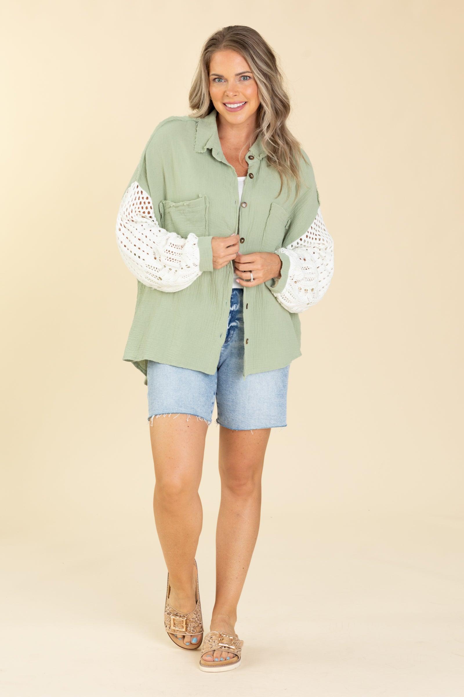 Contrast Sweater Sleeves Button Up Top Product Image