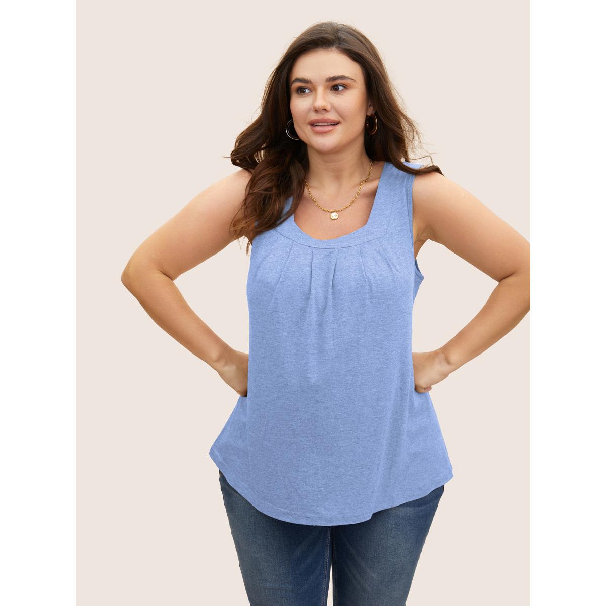 Plus Size Heather Plicated Detail Square Neck Tank Top Women LightBlue Leisure Non U-neck Casual Tank Tops Camis BloomChic 14-16/1X Product Image