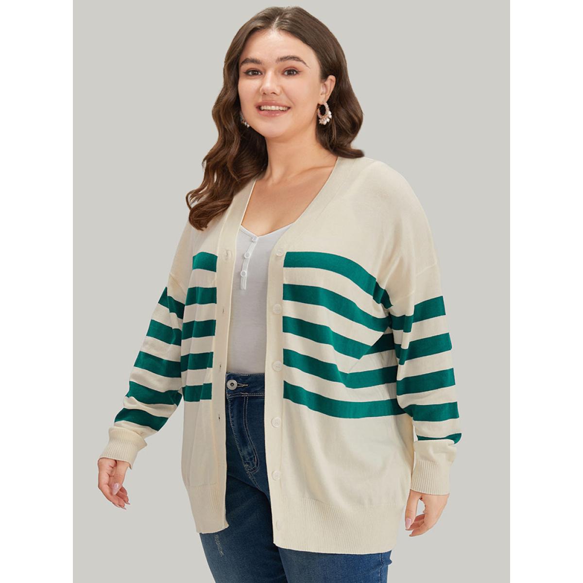 Plus Size Supersoft Essentials Striped Contrast Button Up Cardigan Beige Women Casual Loose Long Sleeve Dailywear Cardigans BloomChic 28/5X Product Image