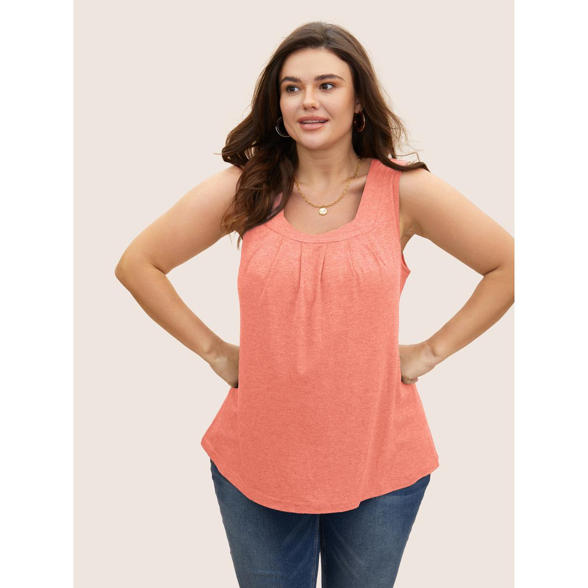 Plus Size Heather Plicated Detail Square Neck Tank Top Women Lightorange Leisure Non U-neck Casual Tank Tops Camis BloomChic 12/L Product Image