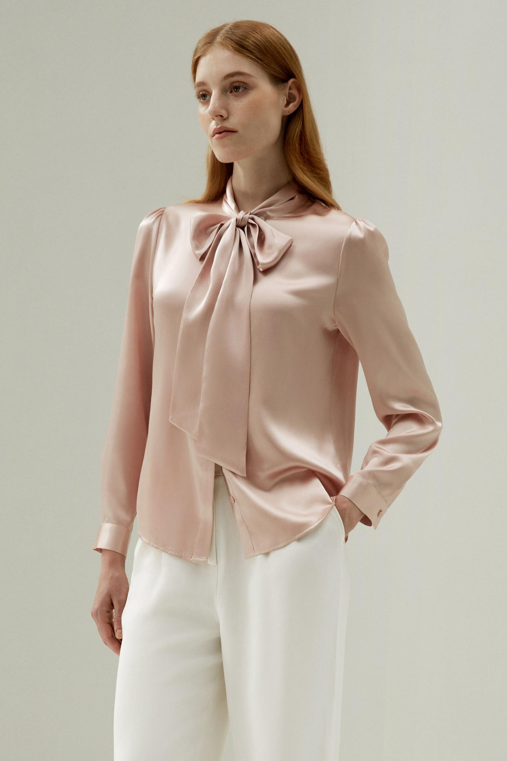 Women Bow-tie Neck Silk Blouse Product Image
