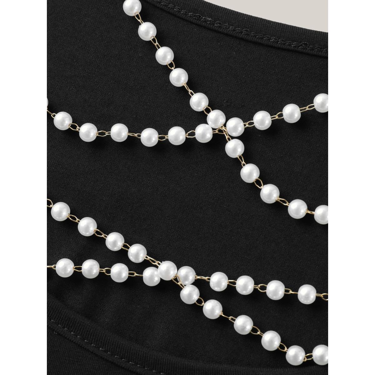 Plus Size Cotton Backless Pearl Chain Stretchy T-Shirt Black Women Backless Round Neck Everyday-Elegant T-shirts BloomChic 14-16/1X Product Image