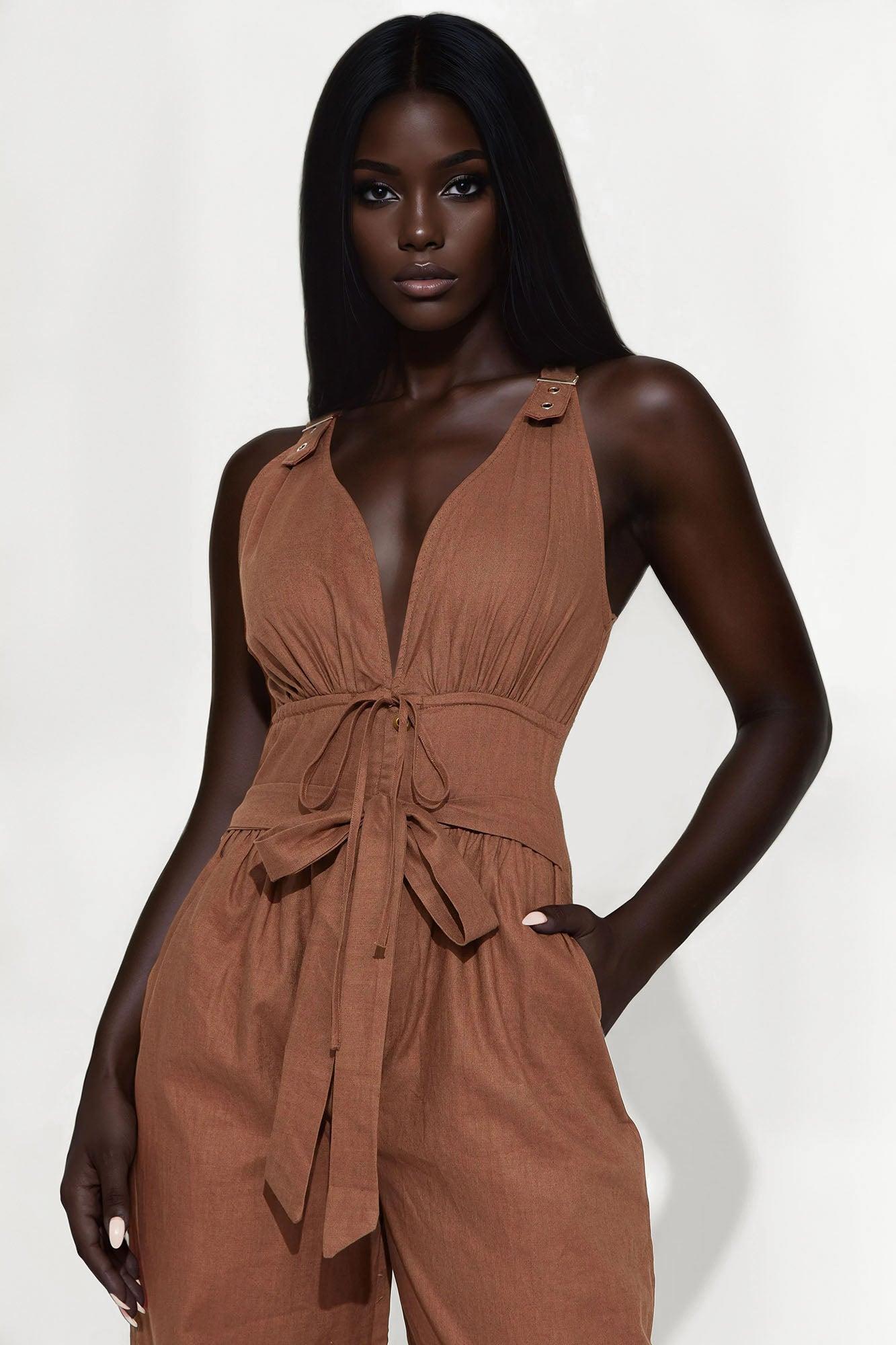 Wild About You Linen Jumpsuit - Brown Female Product Image