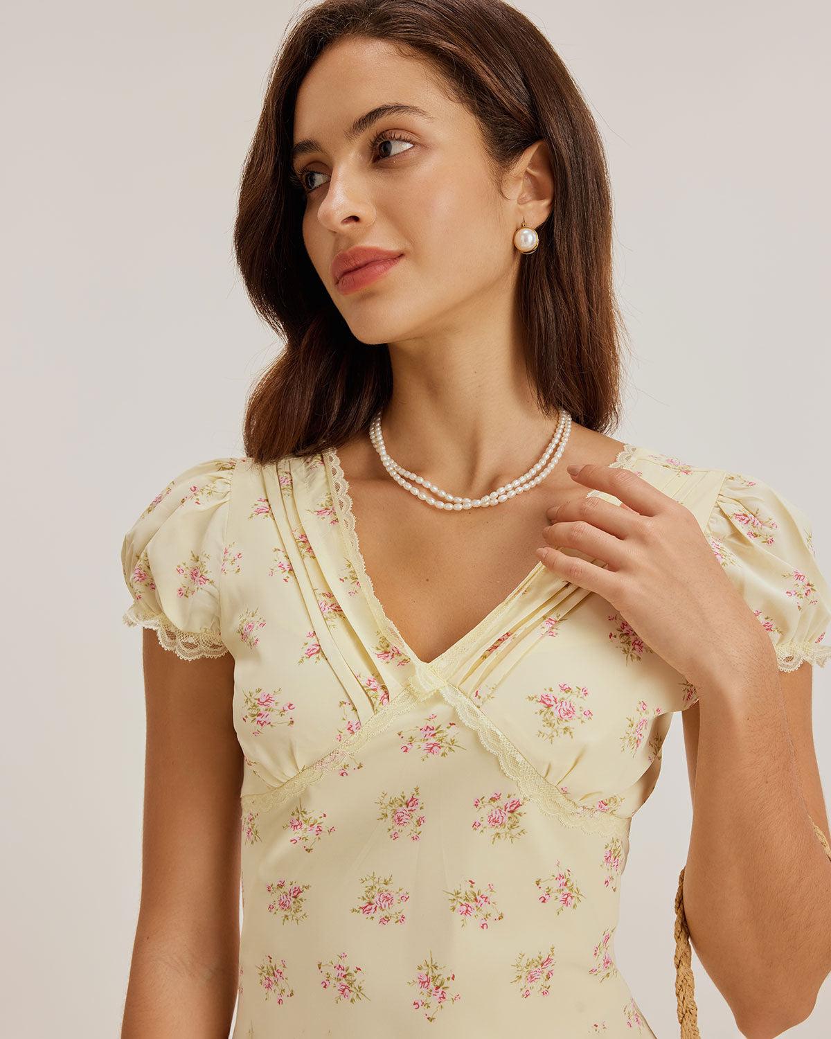 Yellow Floral V Neck Puffed Sleeve Maxi Dress Product Image