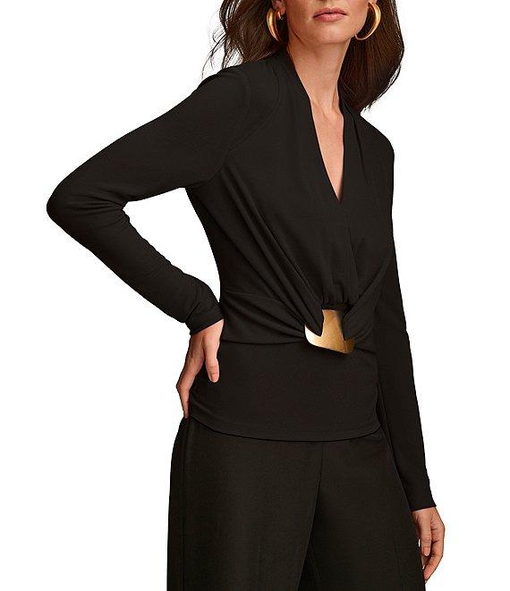 Donna Karan Gold Hardware Wrap Front V-Neck Long Sleeve Top Product Image
