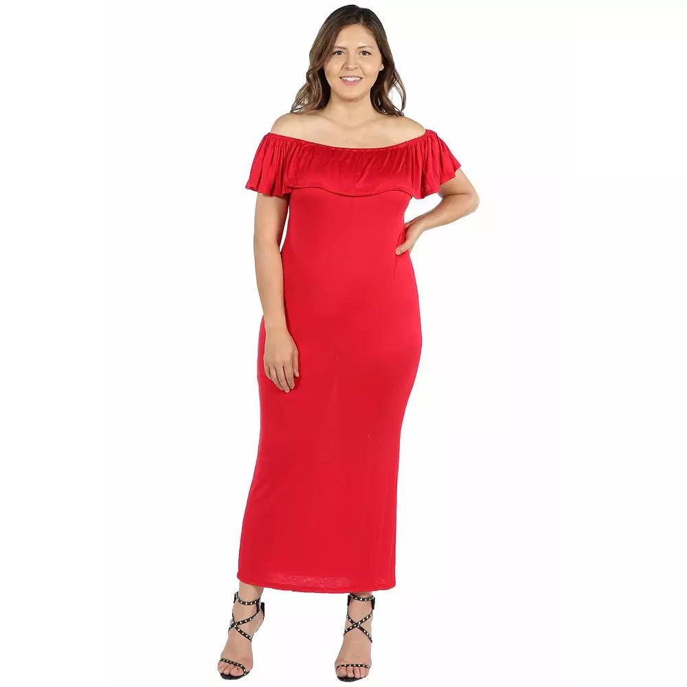 Plus Size 24seven Comfort Apparel Ruffled Off-The-Shoulder Maxi Dress, Women's, Size: 3XL, Red Product Image