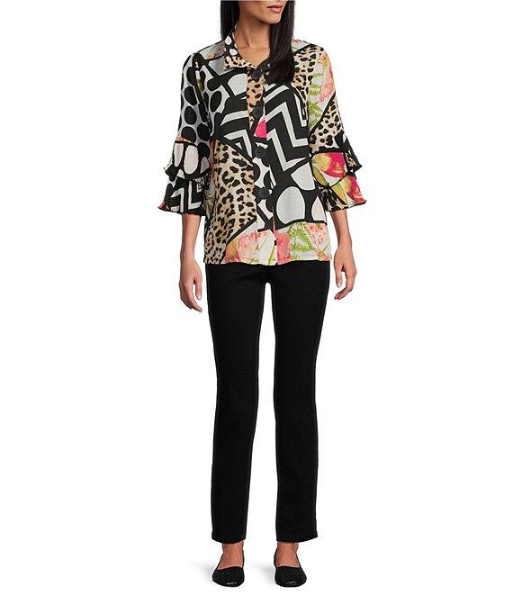 Multiples Petite Size Textured Multi Print Wire Collar 3/4 Sleeve Fitted Button Front Jacket Product Image
