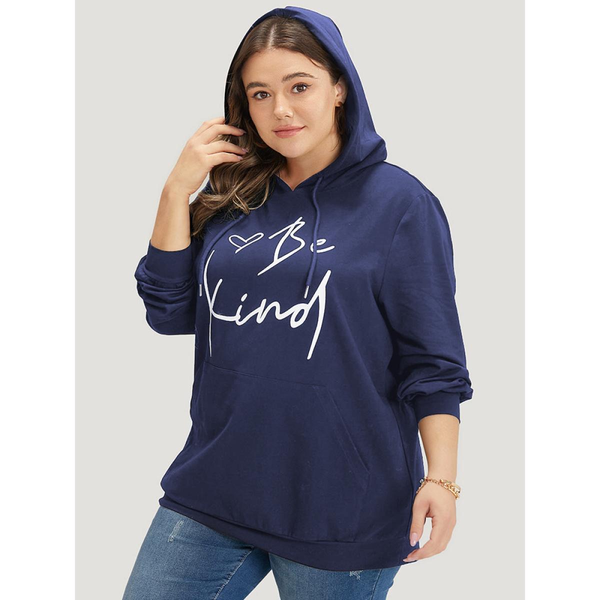 Plus Size Letter Print Pocket Drawstring Hooded Sweatshirt Women Indigo Casual Elastic cuffs Dailywear Sweatshirts BloomChic 14-16/1X Product Image