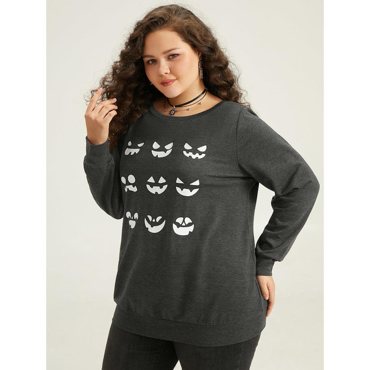 Plus Size Round Neck Halloween Print Sweatshirt Women DimGray Casual Printed Festival-Halloween Sweatshirts BloomChic 10/M Product Image