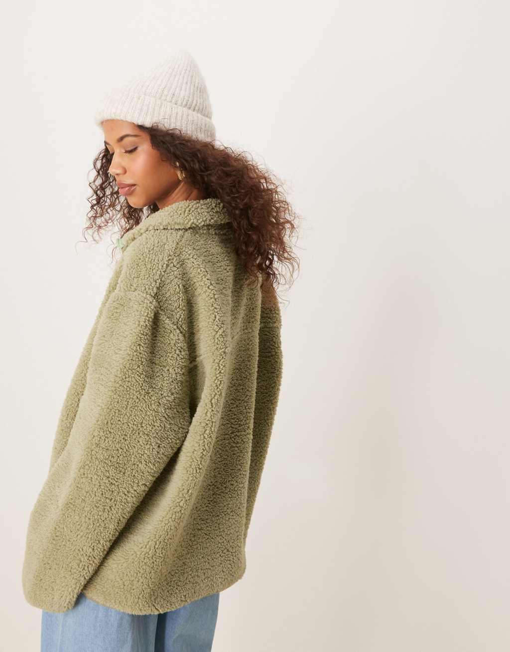 ASOS DESIGN teddy zip up sweatshirt in sage green Product Image
