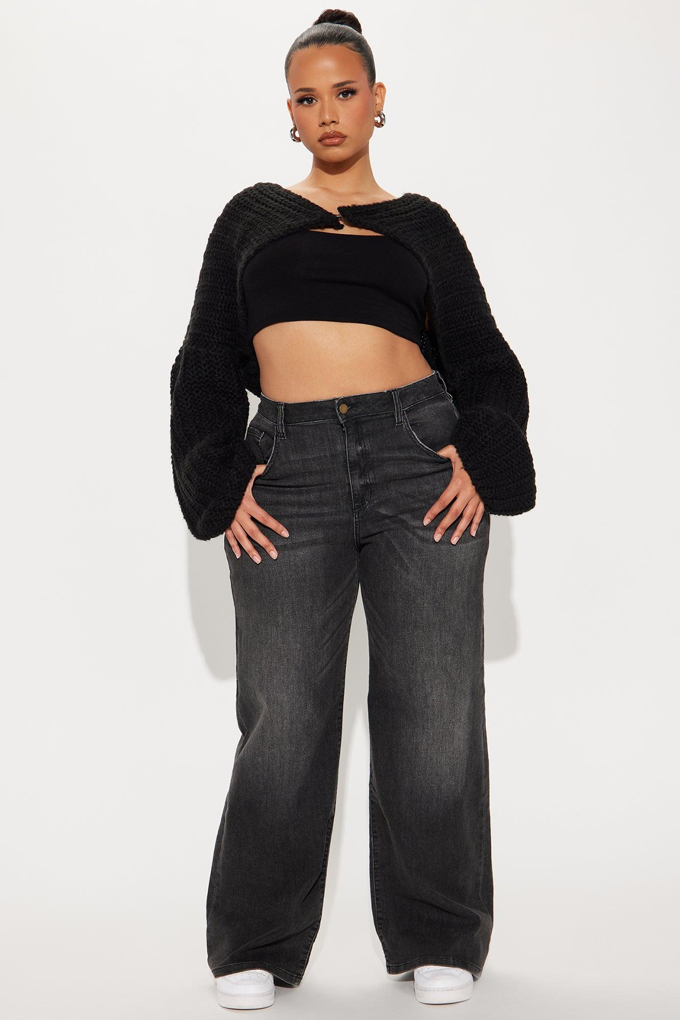 Dream State Chunky Knit Cropped Cardigan Sweater - Black Product Image