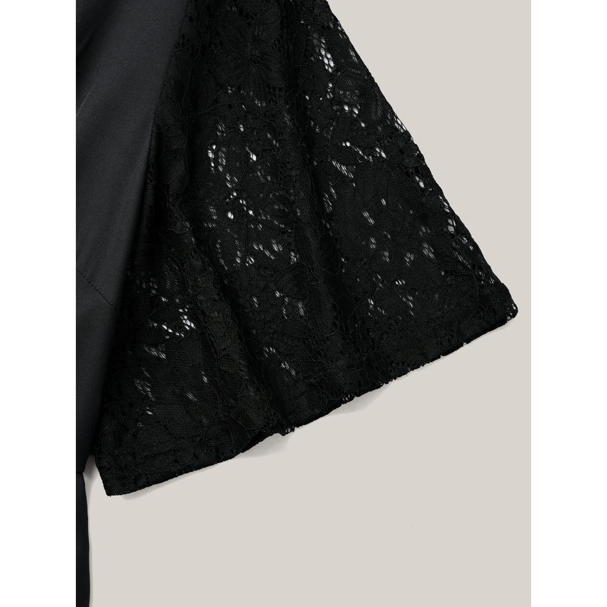 Plus Size Gardenia Print Waist-Cinched Lace Midi Dress Black Women Elegant Texture V-neck Short sleeve Curvy BloomChic 12/L Product Image