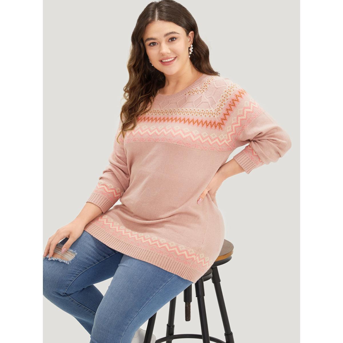 Plus Size Supersoft Essentials Geometric Graphic Plisse Pullover Crepe Women Casual Loose Long Sleeve Round Neck Dailywear Pullovers BloomChic 12/L Product Image