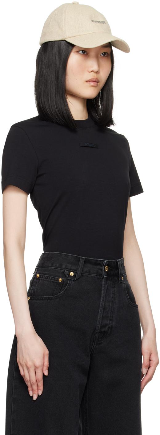 JACQUEMUS Black Fitted T-shirt With Logo Patch In Stretch Cotton Woman Product Image