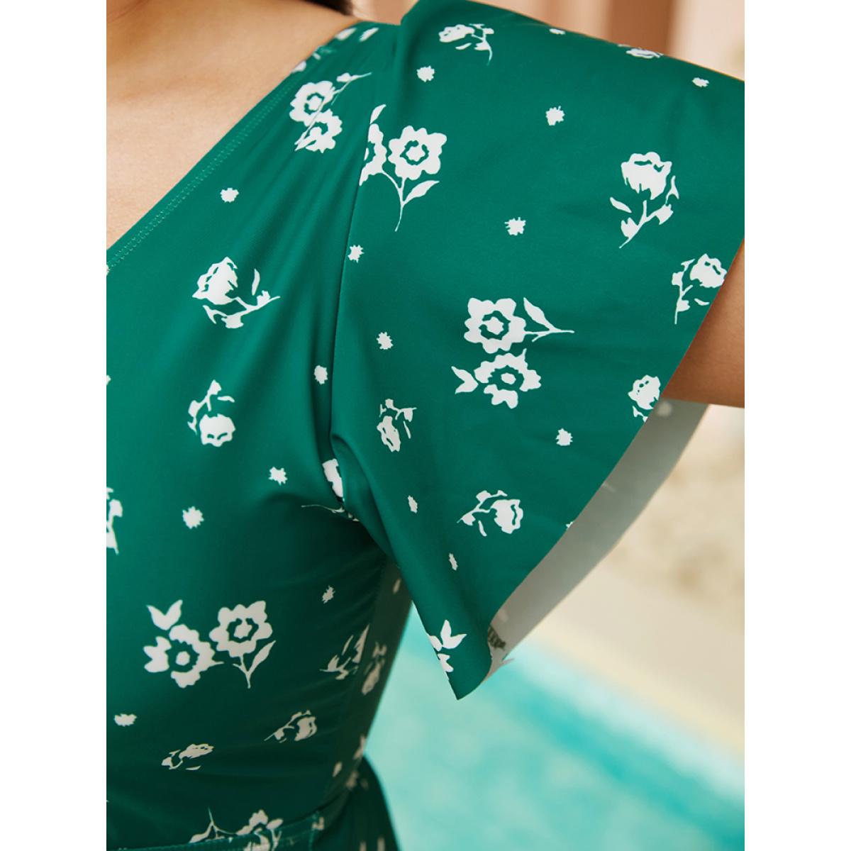 Plus Size Floral Print V Neck Ruffle Sleeve Tankini Top Women's Swimwear Green Vacation A-line High stretch Bodycon V-neck Curve Swim Tops BloomChic 10/M Product Image