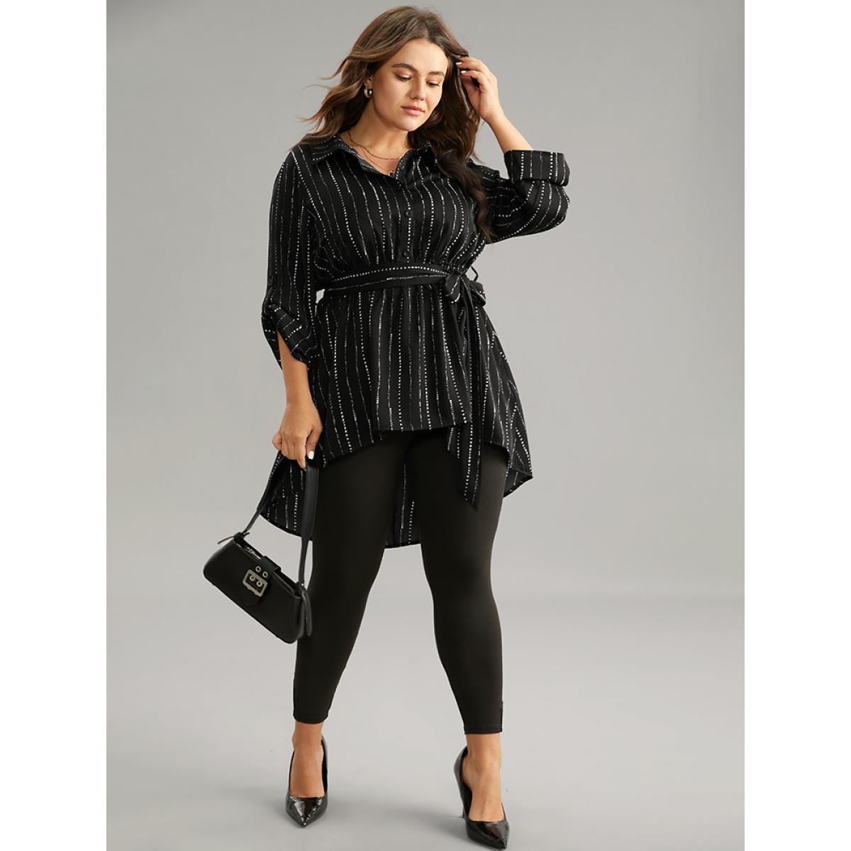 Plus Size Black Striped Belted Shirt Collar Asymmetrical Hem Blouse Women Office Long Sleeve Shirt collar Office Blouses BloomChic 18-20/2X Product Image