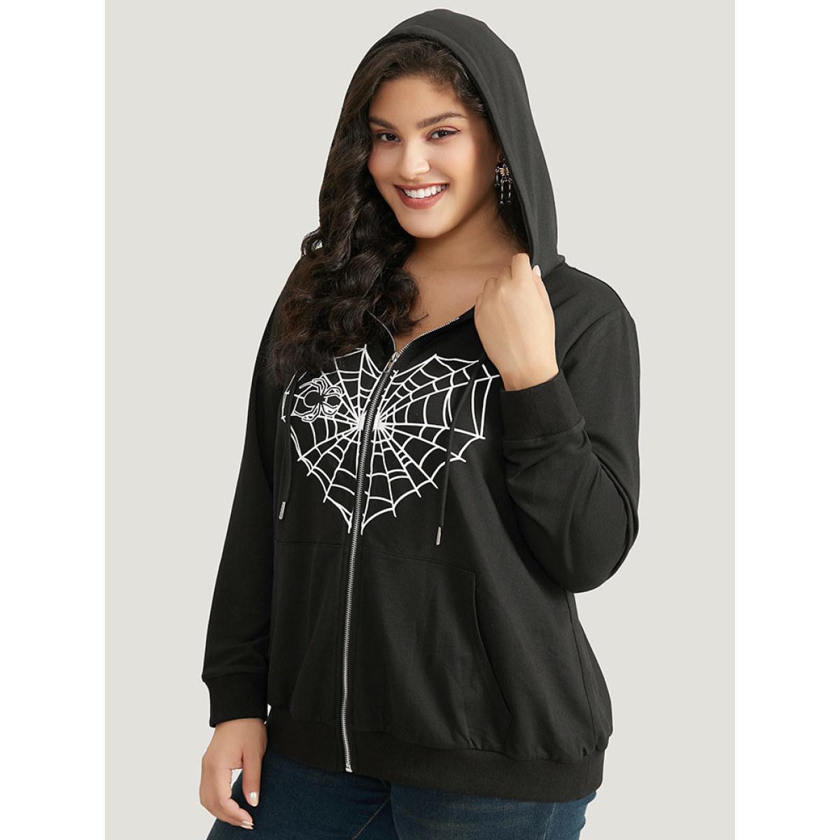 Plus Size Halloween Spider Web Print Pocket Zipper Sweatshirt Women Black Casual Elastic cuffs Festival-Halloween Sweatshirts BloomChic 28/5X Product Image