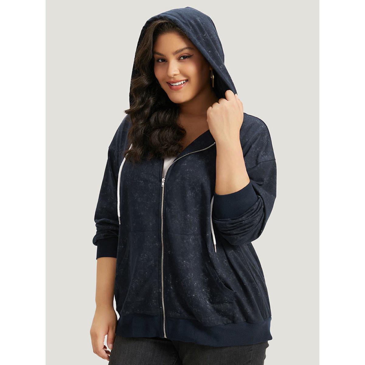 Plus Size Heather Hooded Drawstring Pocket Zipper Fly Sweatshirt Women Midnight Casual Elastic cuffs Hooded Everyday Sweatshirts BloomChic 28/5X Product Image