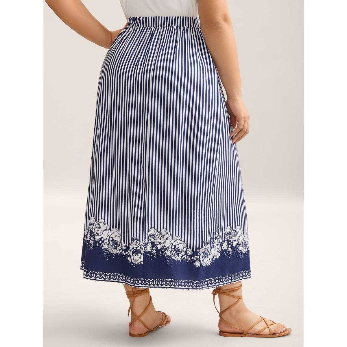Plus Size Striped Floral Hem Flowy Maxi Skirt Women DarkBlue Loose No stretch Side seam pocket Vacation Skirts BloomChic 10/M Product Image