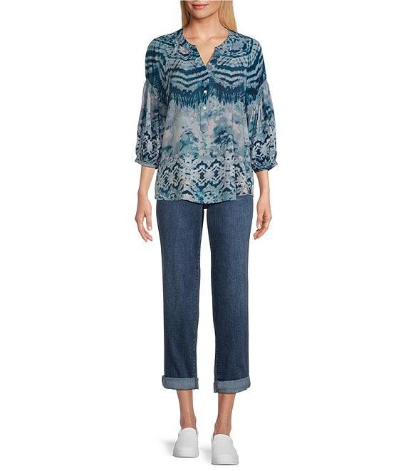 Westbound Woven Tie-Dye Elbow Smock Sleeve Henley Blouse Product Image