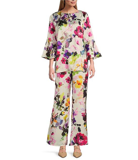 Caroline Rose Brilliant Floral Bouquet Print Satin Coordinating Wide-Leg Pull-On Pants Product Image