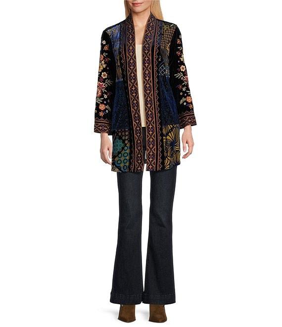 John Mark Patched Burnout Velvet 3/4 Sleeve Open Front Jacket Product Image