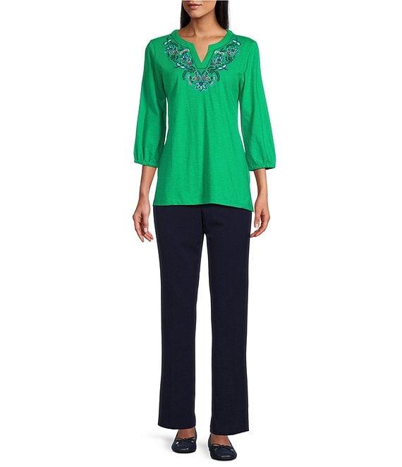 Allison Daley Embroidered 3/4 Cuff Sleeve Split V-Neck Top Product Image