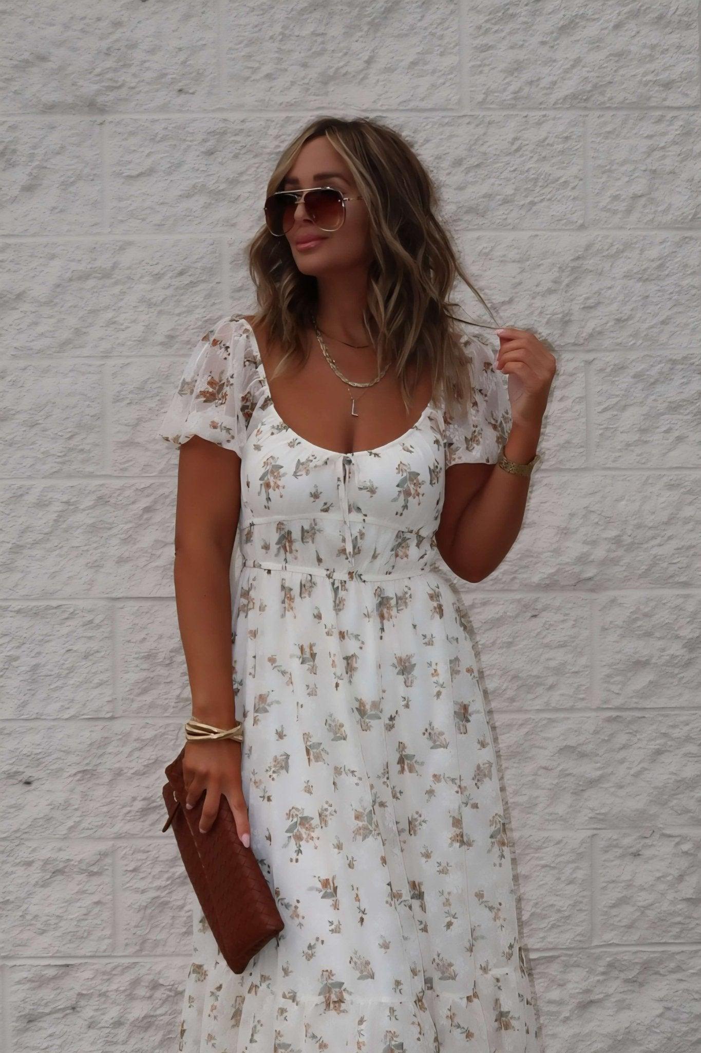 Lauri Cream Floral Print Sweetheart Midi Dress - FINAL SALE Female Product Image