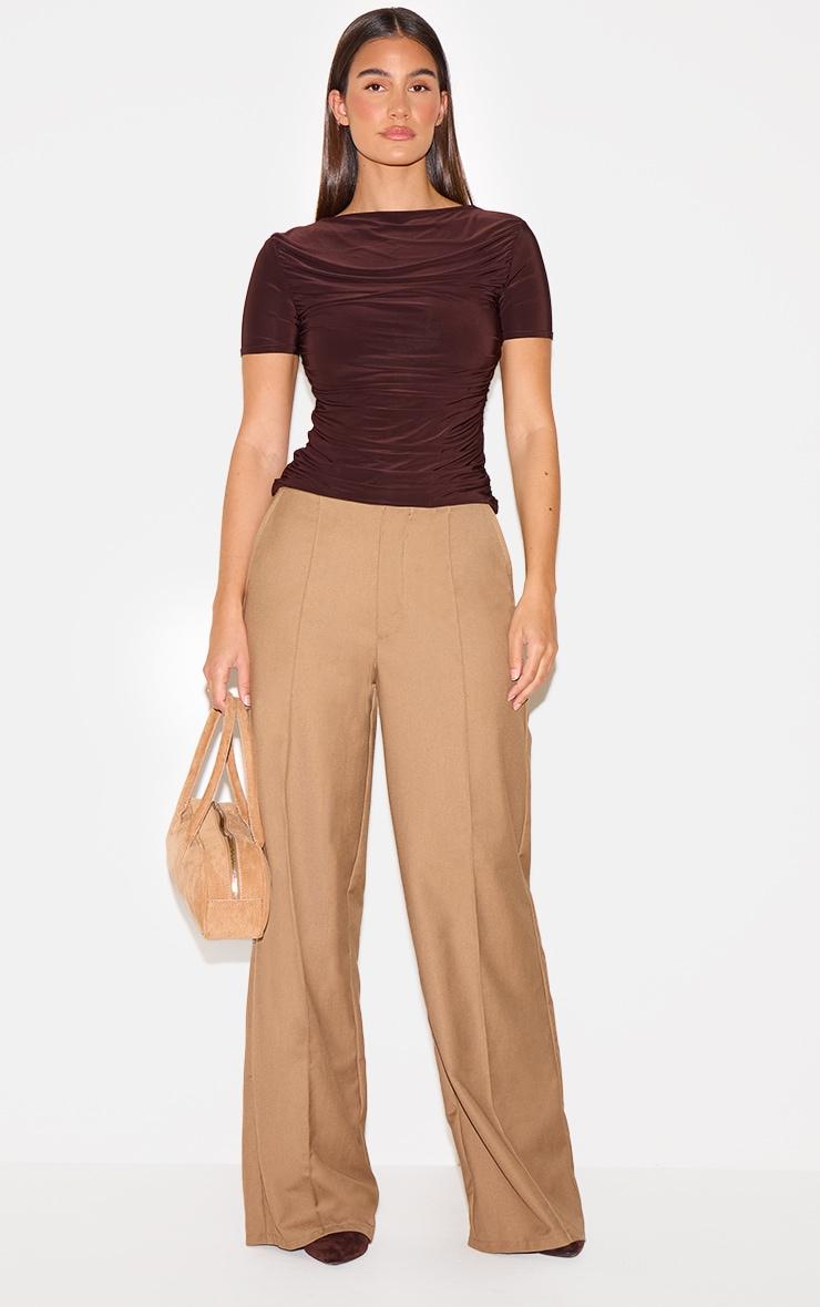  Chocolate Ruched Detail Slinky Long Top Product Image