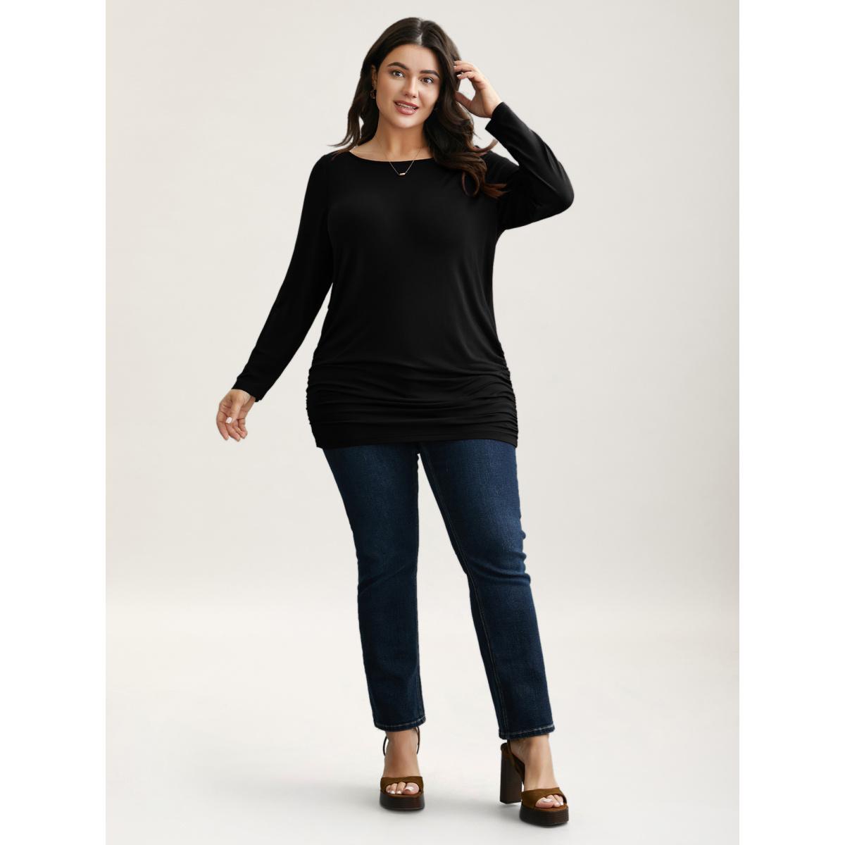 Plus Size Very Stretchy Supersoft Slim-Fit T-shirt Black Women Elegant Gathered Boat Neck Everyday T-shirts BloomChic 18-20/2X Product Image