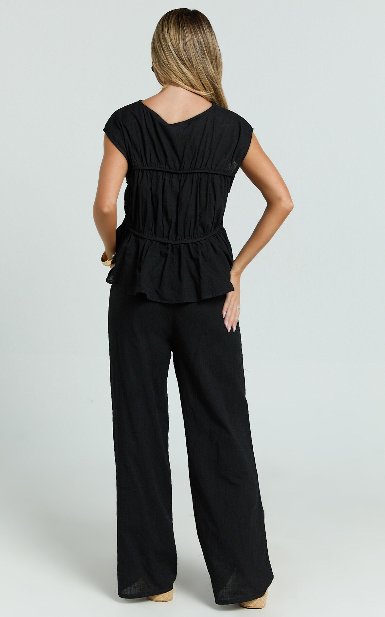 Auric Two Piece Set - Ruched Detail Top and Wide Leg Pants Set in Black Product Image
