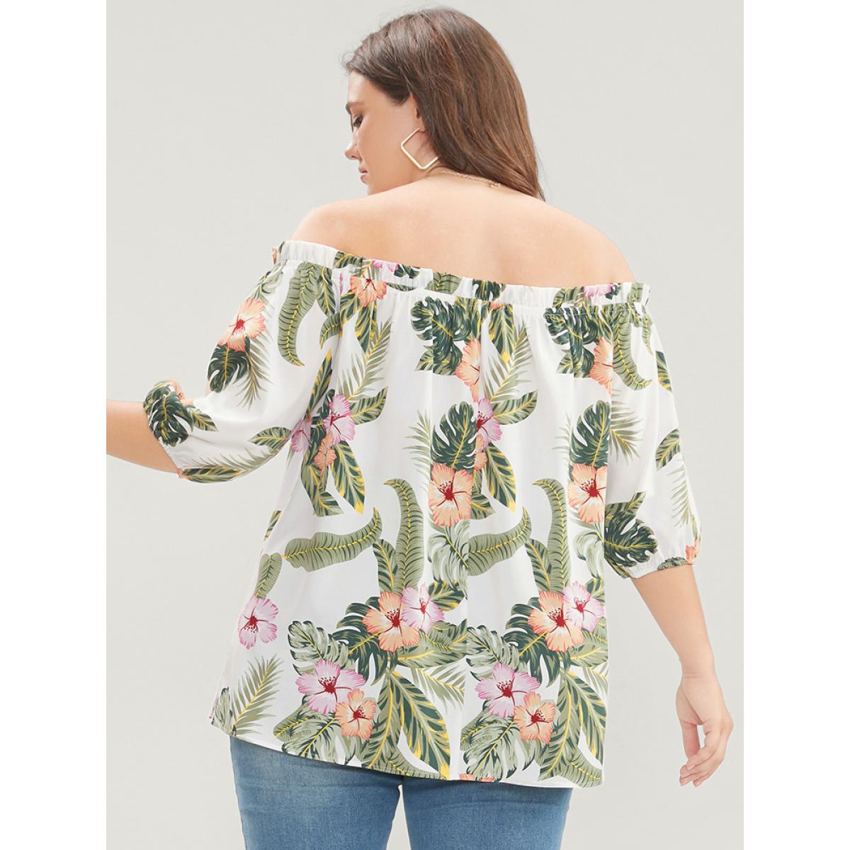 Plus Size White Tropical Print Off Shoulder Lantern Sleeve Blouse Women Vacation Short sleeve One-shoulder neck Dailywear Blouses BloomChic 28/5X Product Image