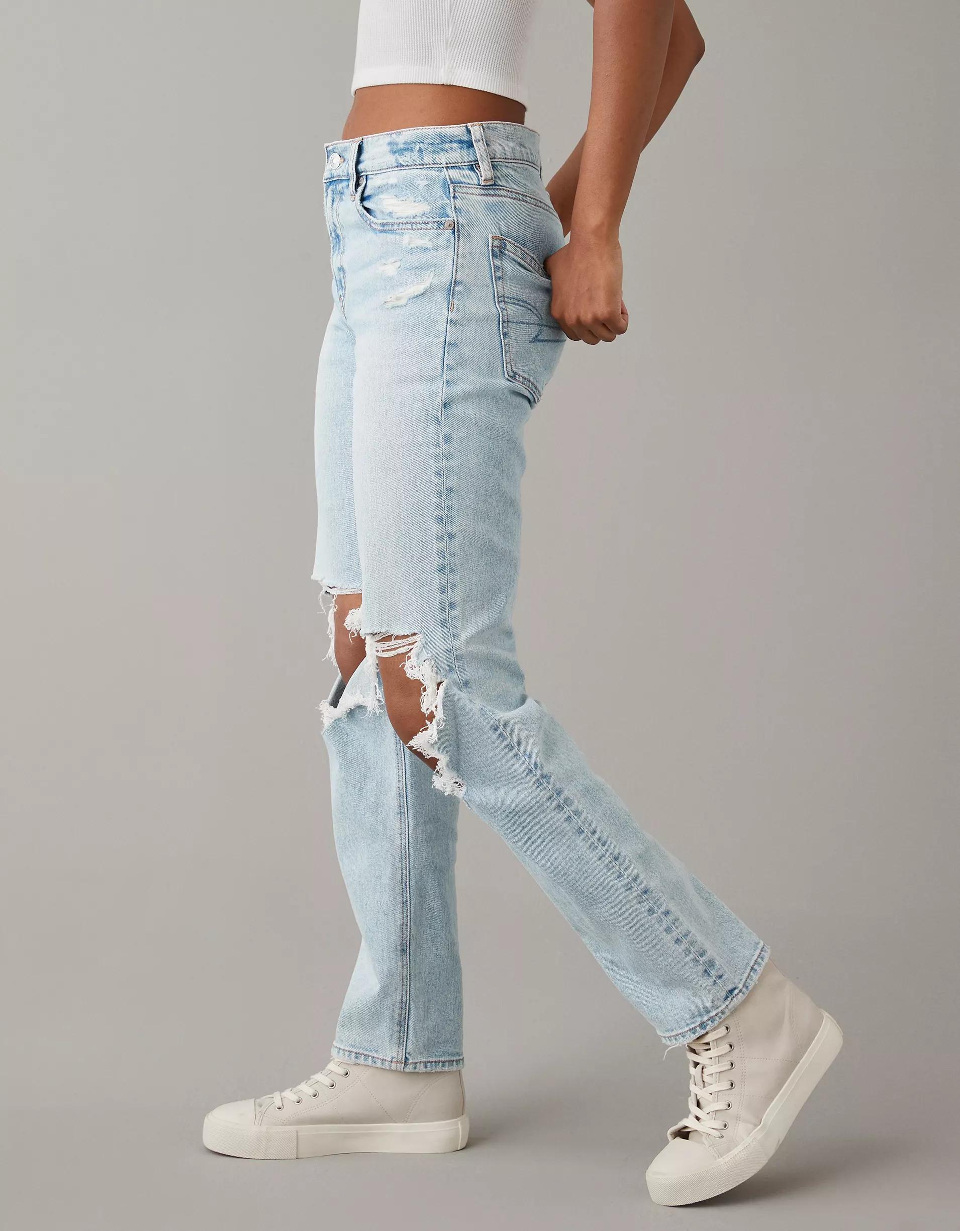AE Stretch Super High-Waisted Ripped Ankle Straight Jean Product Image