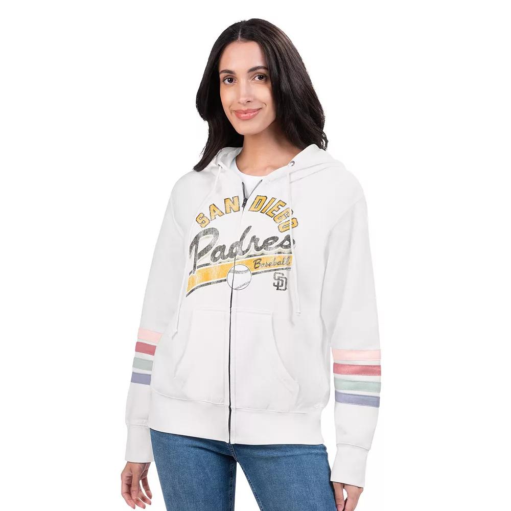 Women's G-III 4Her by Carl Banks White San Diego Padres Naamah Sleeve Stripe Fleece Full-Zip Hoodie, Size: XL Product Image